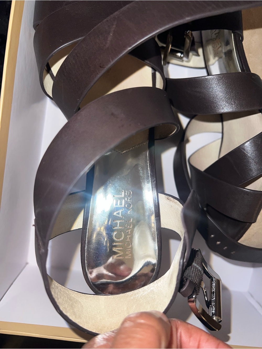 MICHAEL Michael Kors Brown Leather Strappy Wedges with Tan Suede Platform. - Picture 2 of 3